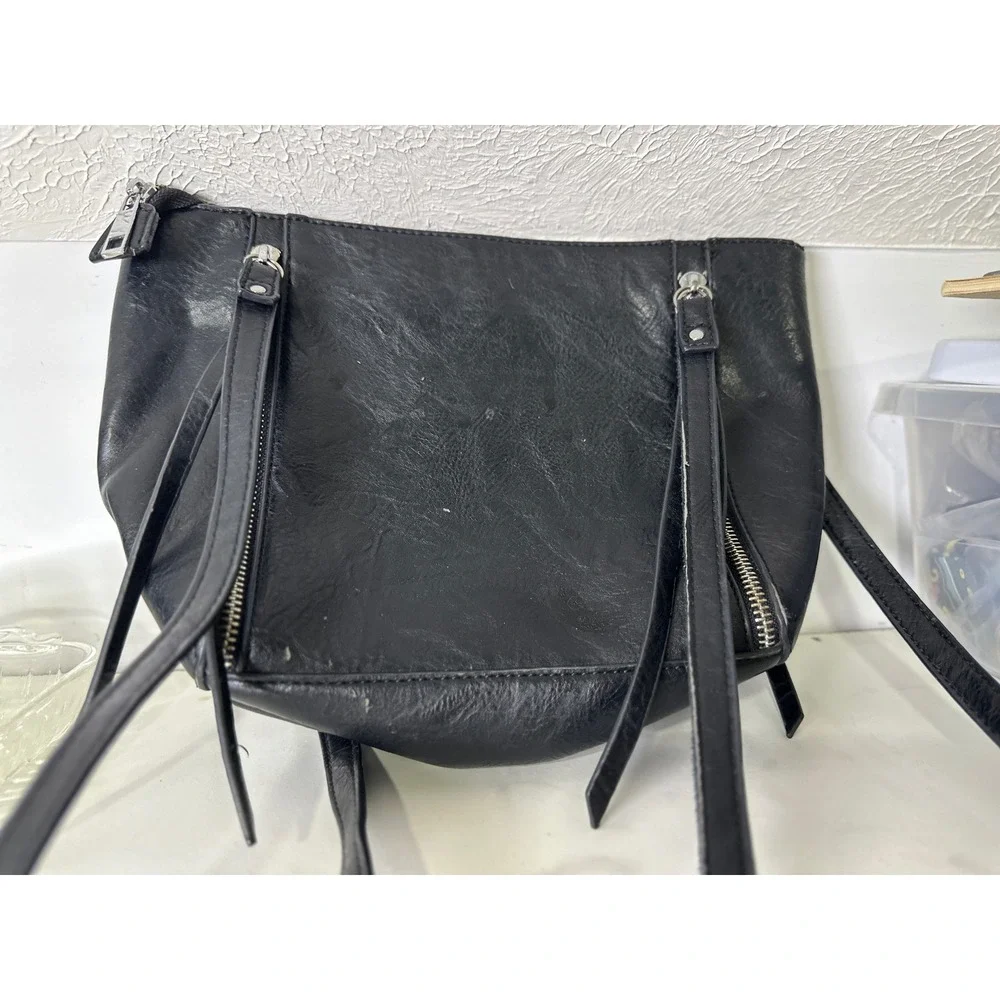 Miztique Black non Leather Crossbody Bag Tassel Zipper Accents Striped Lining